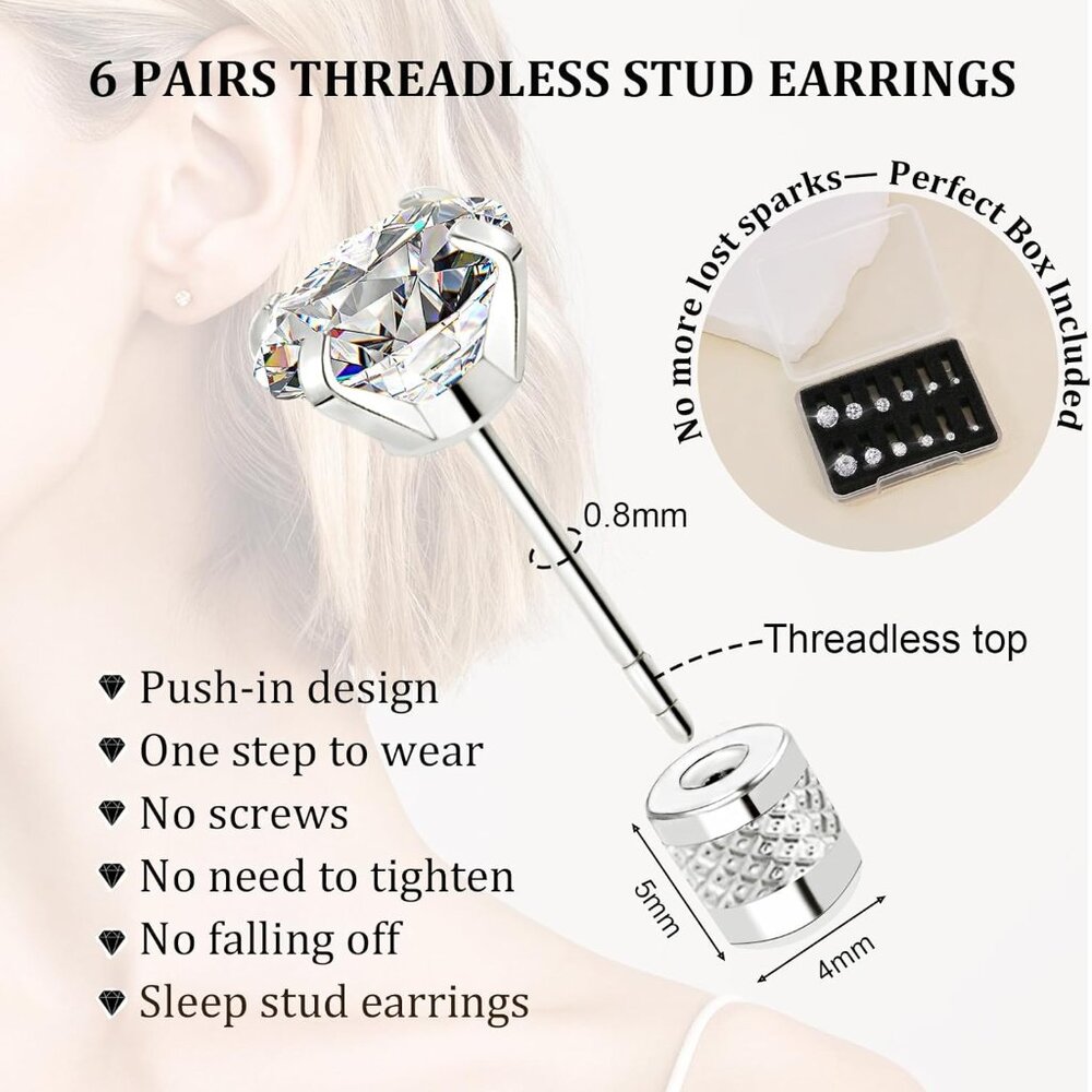 Threadless Flat Back Stud Earrings, 6 Pairs Titan… - image 2